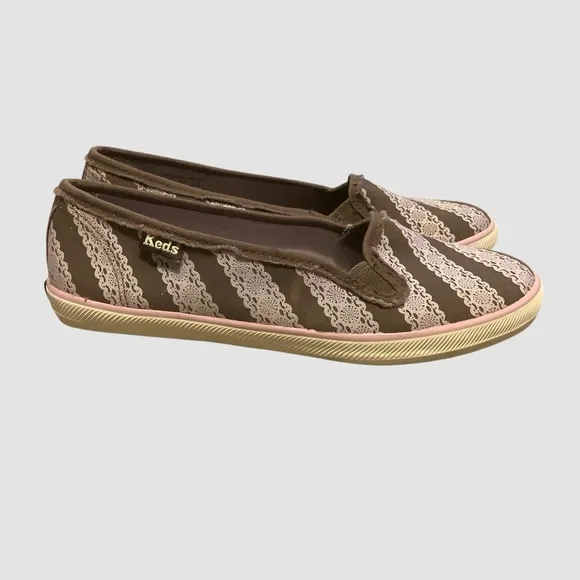 Keds Brown and Pink Flats with Striped Lace Print Design/ Size 6.5 - Picture 2 of 13